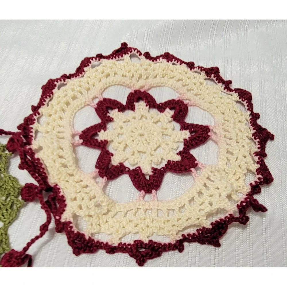 Doily Set 3pc Cream Burgundy Green Pink Floral Round Vintage Handmade Crochet